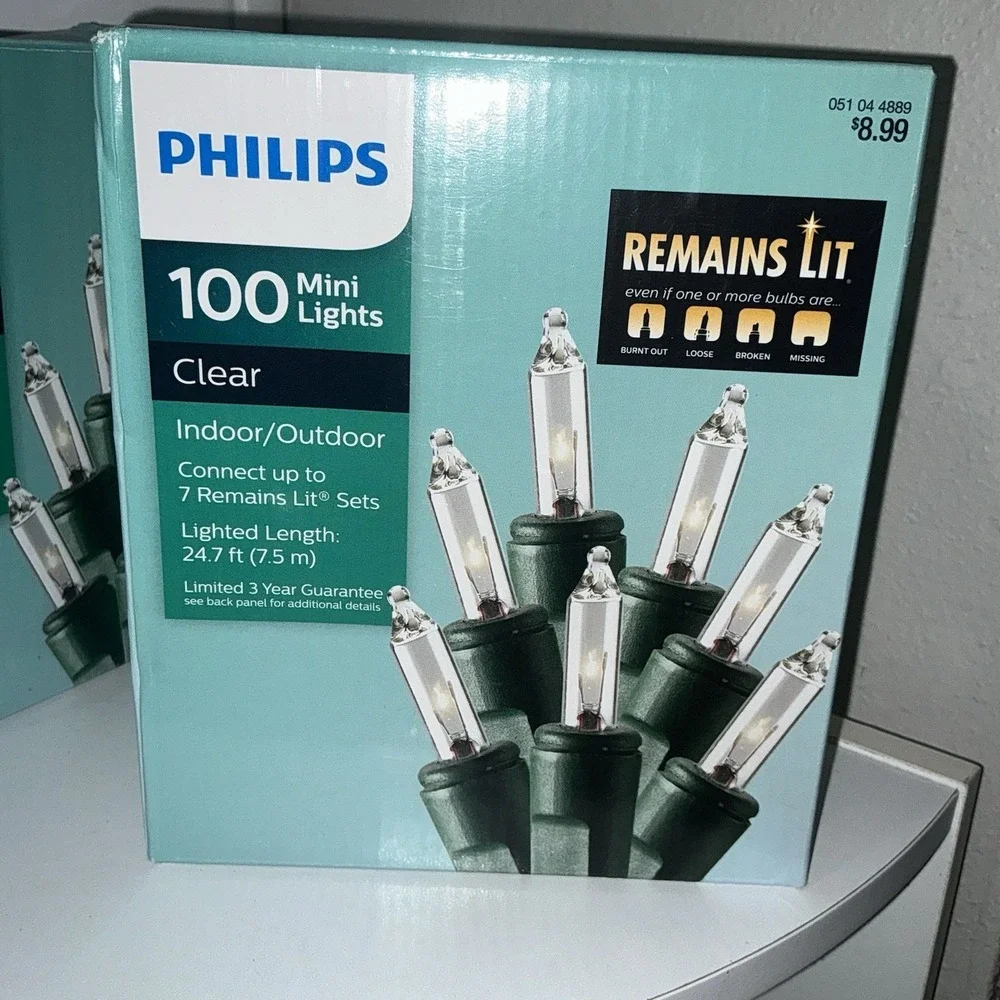 2x Philips 100 Clear Mini Lights with Green Wire Christmas Remains Lit NEW (200)